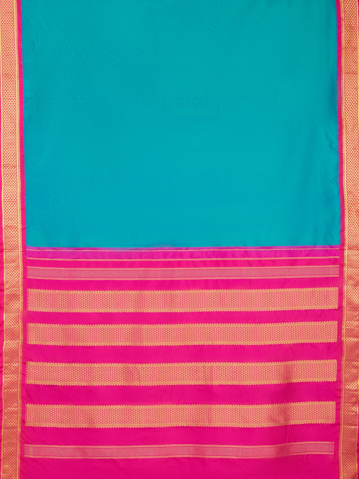 Peacock Blue with Rani 9 Yards Kanchivaram Silk Saree