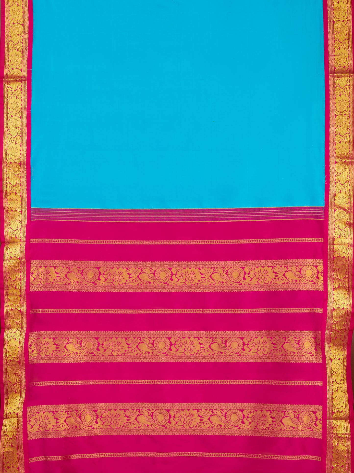 Turquoise Blue with Rani Pink 9 Yards Kanchivaram Silk Saree