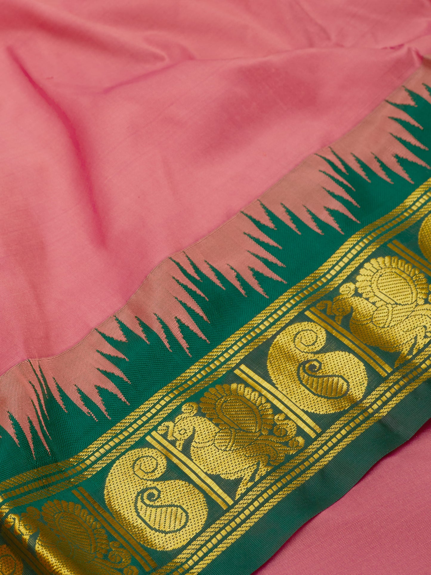 Pink with Bottle Green 9 Yards Kanchivaram Silk Saree