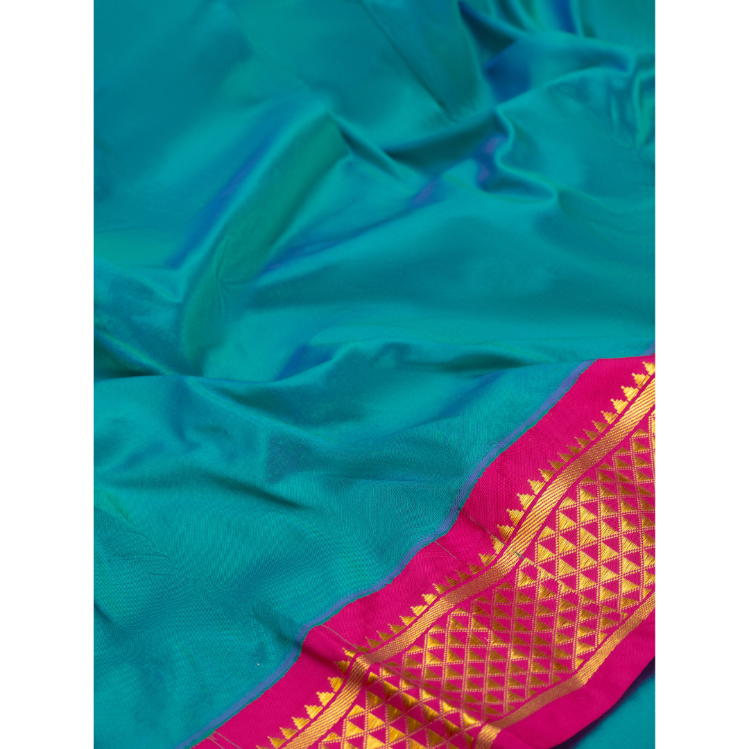 Peacock Blue with Rani 9 Yards Kanchivaram Silk Saree