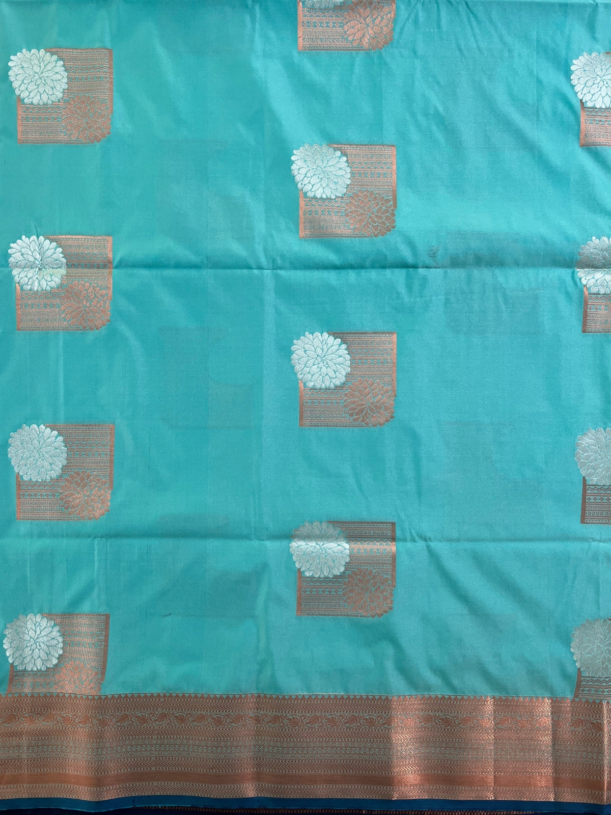 Sea Blue Yellow Semi Soft Silk Saree