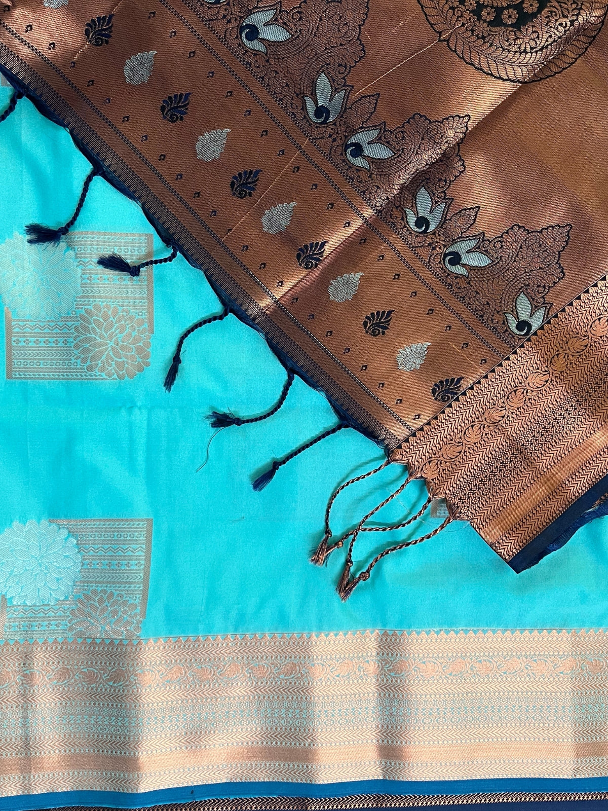 Sea Blue Yellow Semi Soft Silk Saree