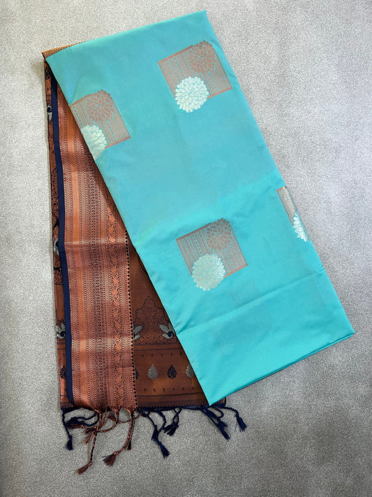 Sea Blue Yellow Semi Soft Silk Saree