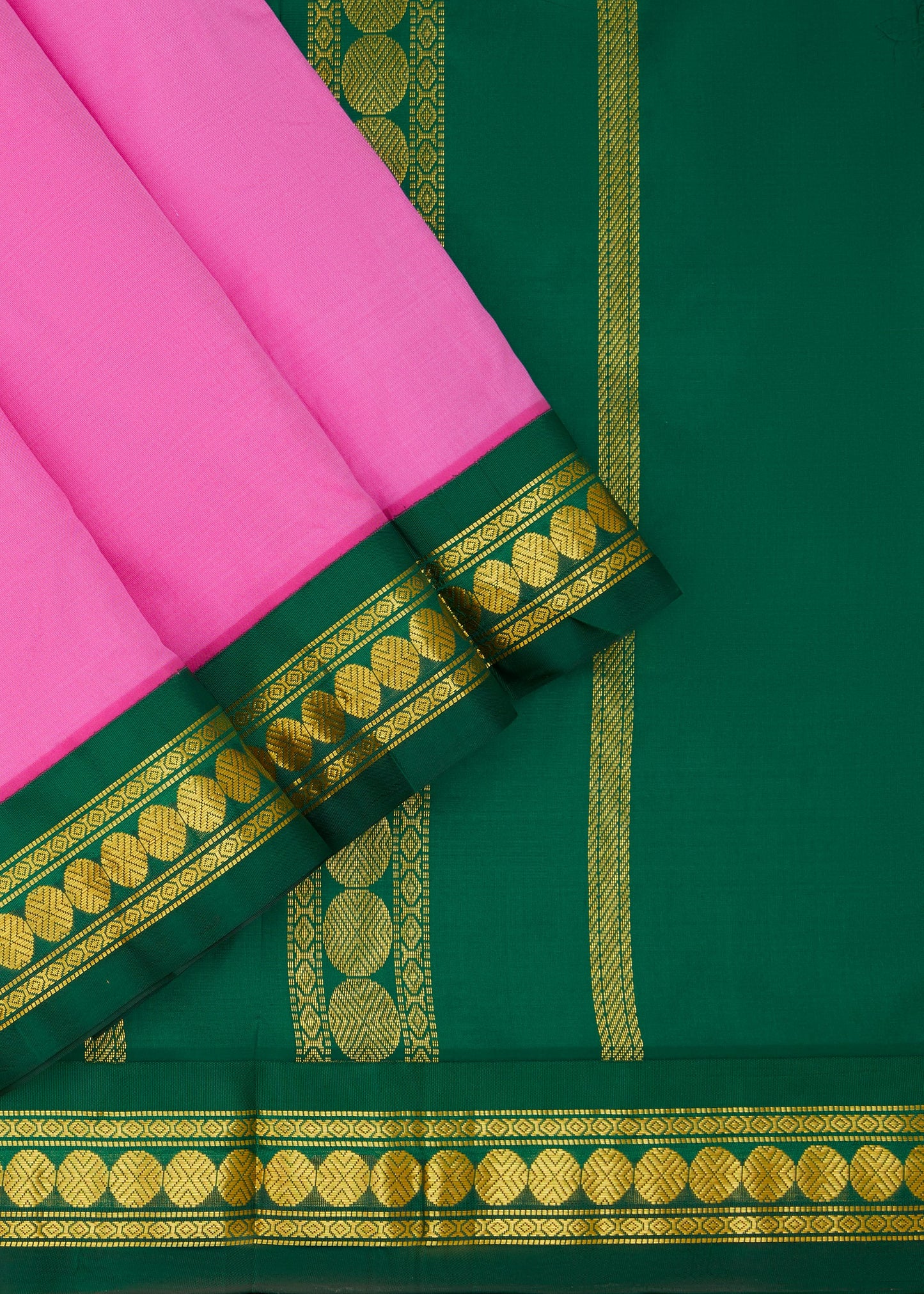 Lotus Pink with Bottle Green 9 Yards Kanchivaram Silk Saree